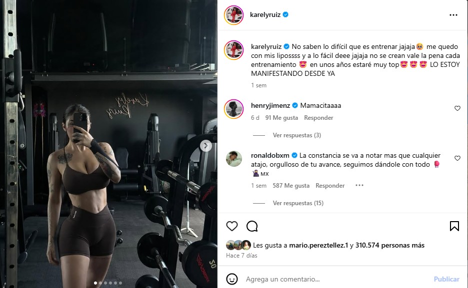 Karely Ruiz comparte con sus seguidores los resultados de su constancia en el gimnasio, mostrando una figura tonificada y saludable seis meses después de ser mamá