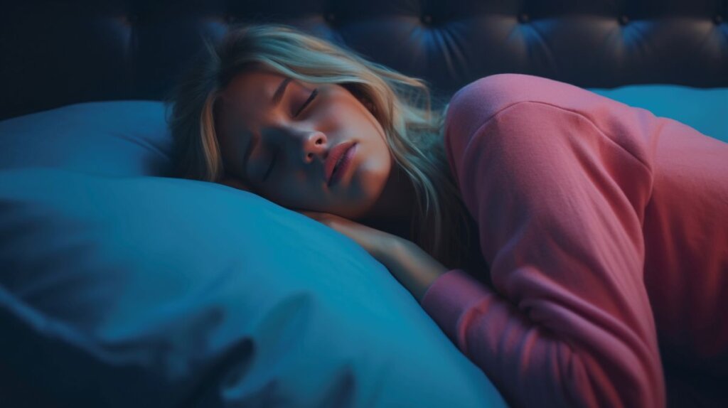 Mujer durmiendo profundamente en una habitación oscura, representando un descanso reparador.