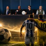 Montaje gráfico del “Partido de Leyendas” que combina la conferencia de prensa en Pachuca con una escena futbolística entre jugadores representativos del Pachuca y América en un estadio iluminado.