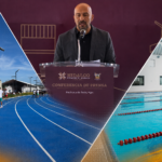 Montaje gráfico que muestra al director del Instituto Hidalguense del Deporte, Óscar Pérez Rojas, durante la conferencia de prensa semanal del Gobierno de Hidalgo, acompañado de imágenes de la pista de atletismo y la alberca semiolímpica de la Ciudad Deportiva de Alto Rendimiento.