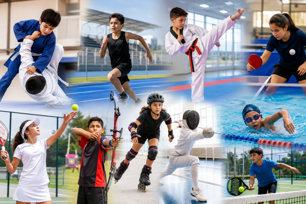 Collage de niñas, niños y jóvenes practicando distintas disciplinas deportivas como judo, atletismo, taekwondo, tenis, tenis de mesa, patinaje, esgrima, tiro con arco, pádel y natación en la Ciudad Deportiva de Alto Rendimiento.