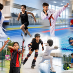 Collage de niñas, niños y jóvenes practicando distintas disciplinas deportivas como judo, atletismo, taekwondo, tenis, tenis de mesa, patinaje, esgrima, tiro con arco, pádel y natación en la Ciudad Deportiva de Alto Rendimiento.