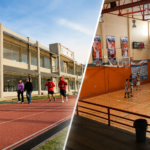 Composición fotográfica que muestra el Complejo Deportivo Revolución Mexicana con su pista de atletismo y edificio principal, junto al interior del Gimnasio Presidente Miguel Alemán durante una actividad de baloncesto. Ambas instalaciones serán rehabilitadas con una inversión de 36 millones de pesos para fortalecer la infraestructura deportiva de Hidalgo.
