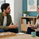 Adulto conversa con una especialista en salud mental durante una consulta de evaluación y orientación profesional.