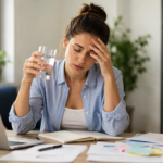 Persona con expresión de agotamiento sostiene un vaso de agua frente a su espacio de trabajo, reflejando la importancia de mantener una hidratación adecuada durante las actividades diarias.