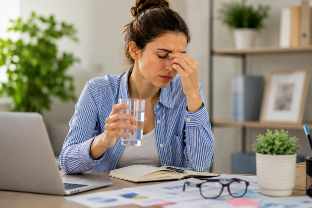 Mujer sostiene un vaso con agua mientras muestra signos de cansancio y fatiga durante una jornada de trabajo, una imagen que representa cómo la deshidratación puede afectar la concentración y el estado de ánimo.