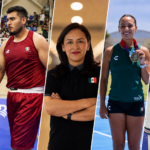Collage de Uriel Gomeztagle, Javier Cruz, Cristhian Pardo, Carolina Millán y Uriel Capó junto a la ajedrecista Guadalupe Montaño.