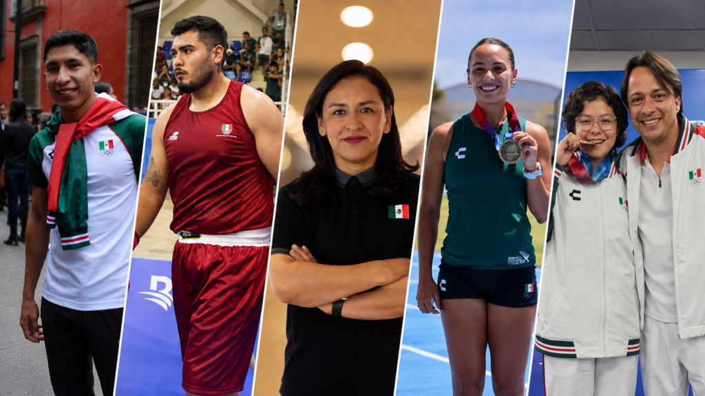 Collage de Uriel Gomeztagle, Javier Cruz, Cristhian Pardo, Carolina Millán y Uriel Capó junto a la ajedrecista Guadalupe Montaño.
