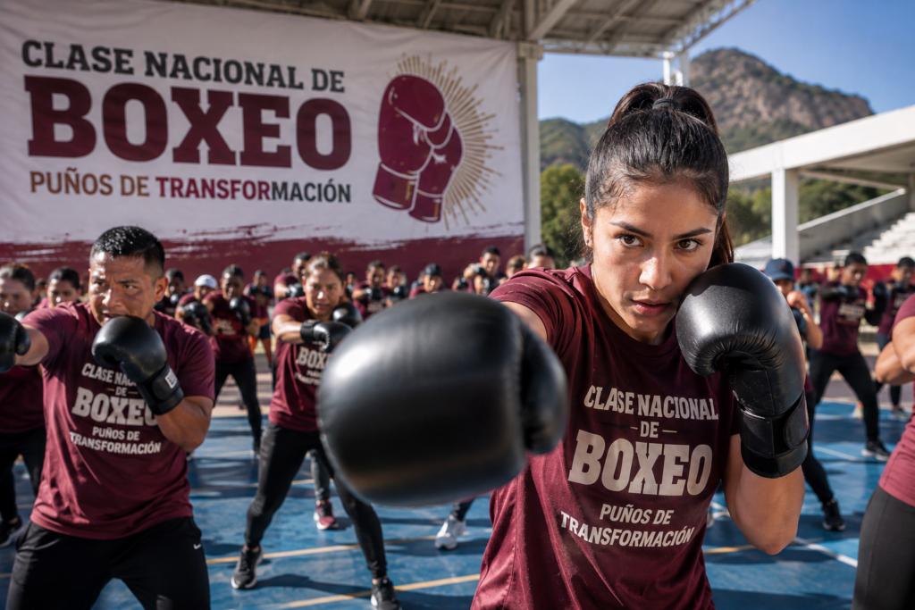 Participantes realizan ejercicios de boxeo durante una clase masiva de “Puños de Transformación”, actividad que se llevará a cabo en Hidalgo.