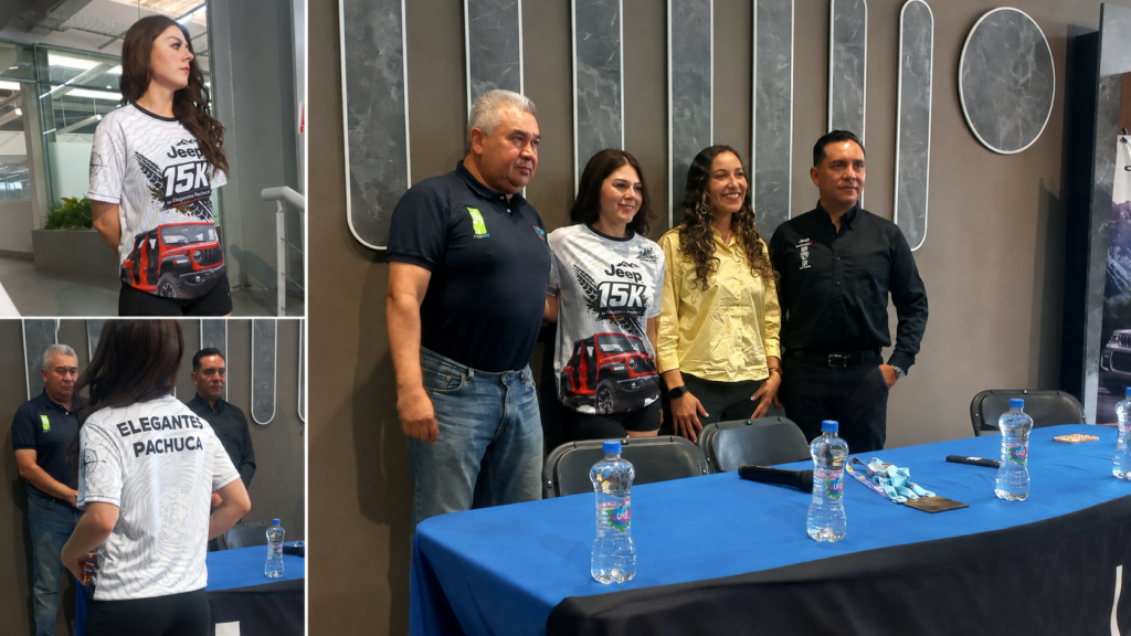 Collage de la presentación del Split 15K con la playera conmemorativa en vista frontal y posterior, acompañada por integrantes del comité organizador.