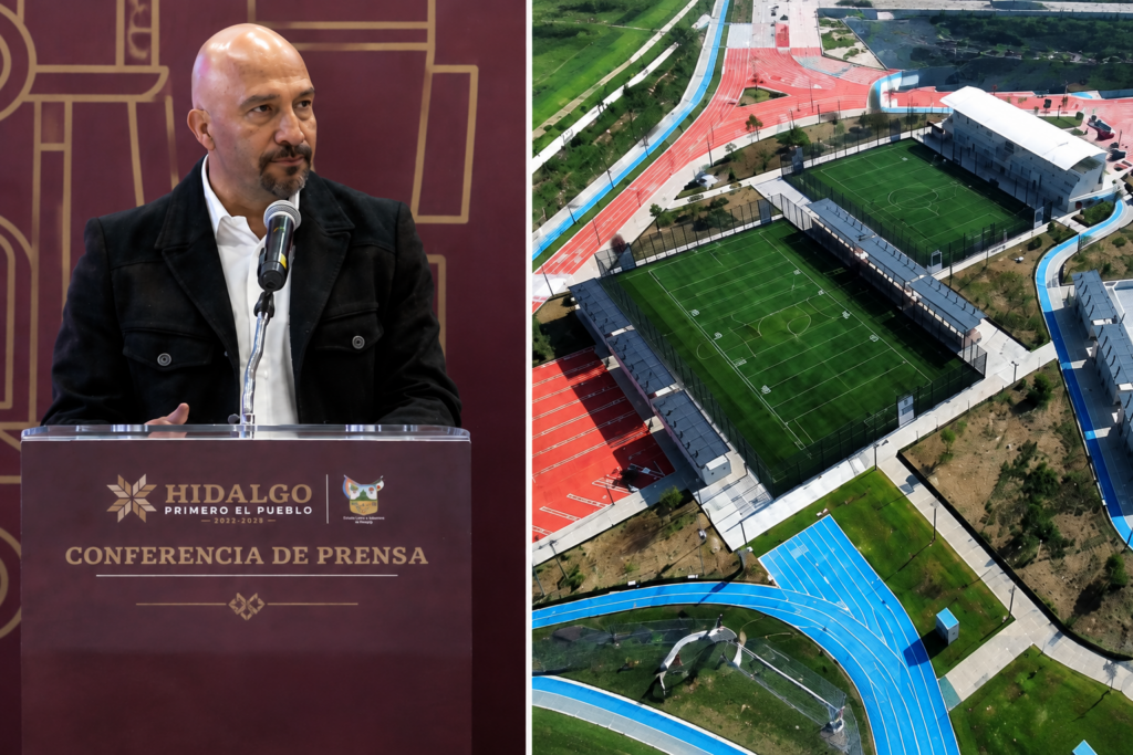 Óscar Pérez Rojas, director del Instituto Hidalguense del Deporte, junto a una vista aérea de la Ciudad Deportiva de Alto Rendimiento de Pachuca.