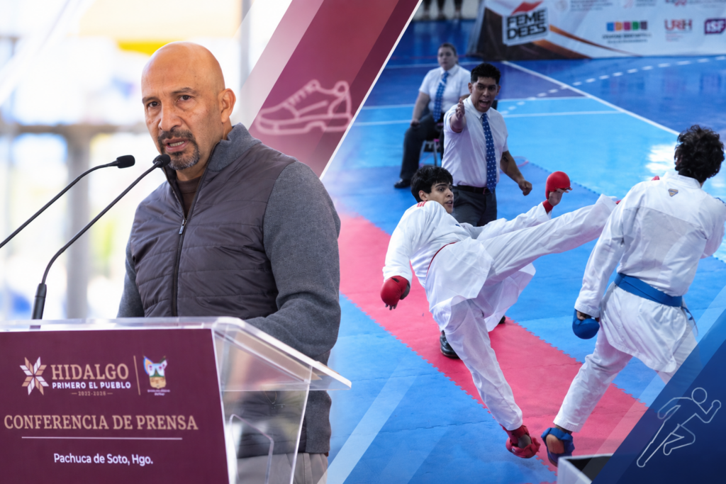 Óscar “Conejo” Pérez durante conferencia de prensa junto a una imagen de competencia de karate de la Gimnasiada Nacional 2026 en Hidalgo.